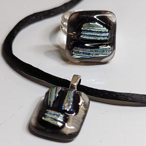 Artisan Handmade Fused dichroic necklace and statement ring set. Adjustable